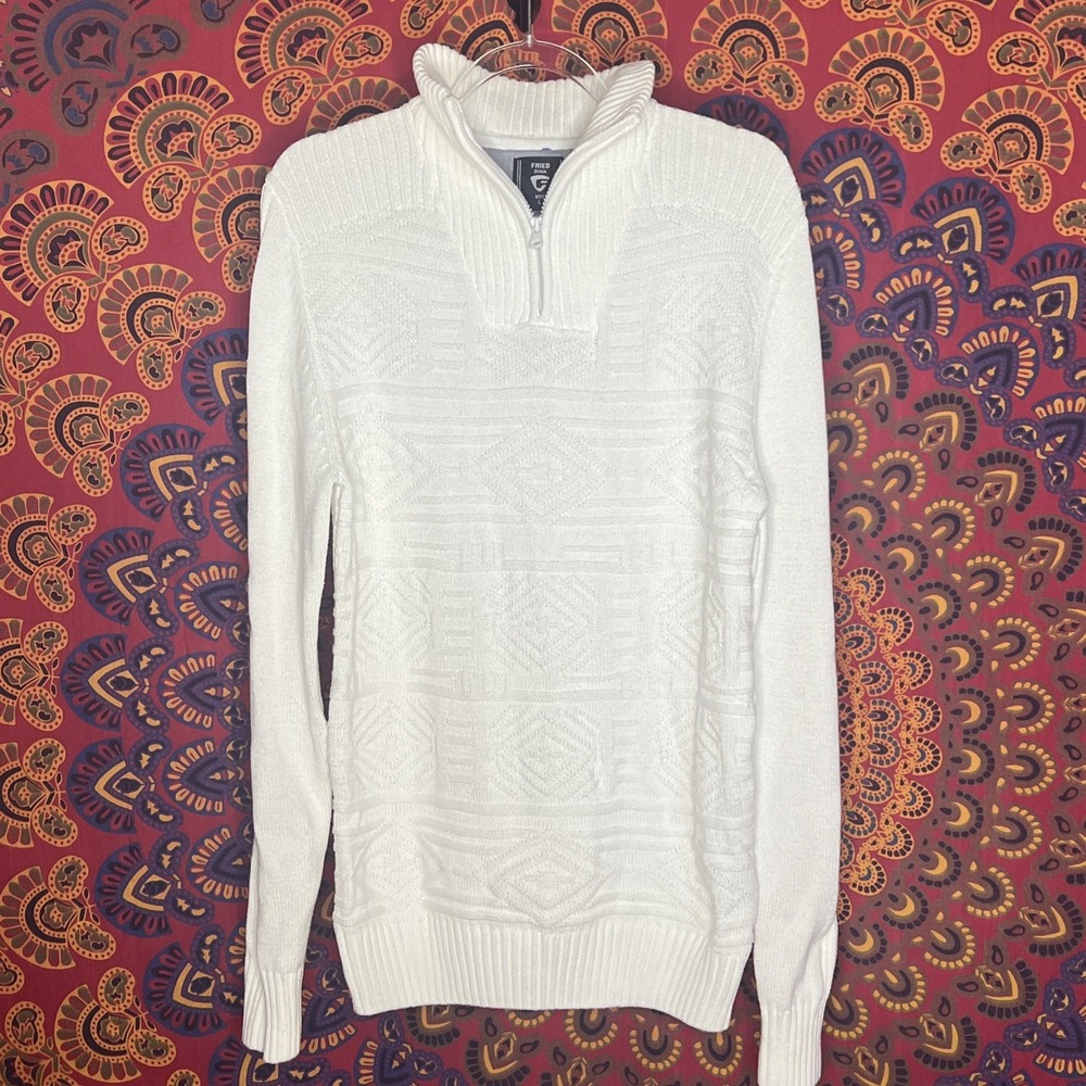 FRIED DENIM‎ Henley Sweater Men L White Aztec Knit Quarter Zip Turtleneck Cotton